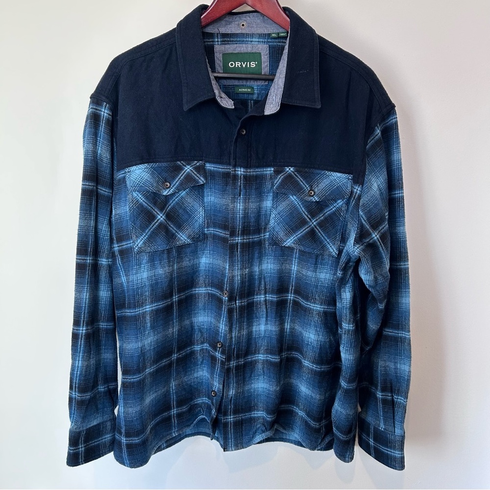 Orvis Navy and Black Plaid Flannel Shirt Active Fit Size XL
